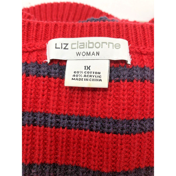 Liz Claiborne 1X Sweater Mariner Red & Black Stripe Womens Cozy Knit Pullover - Picture 4 of 5